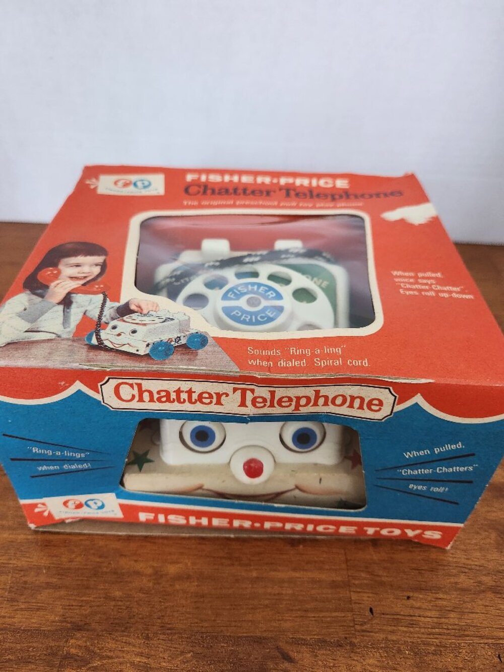 Vintage 1966 Fisher Price Toys Chatter Telephone #747 w original box pull toy T2